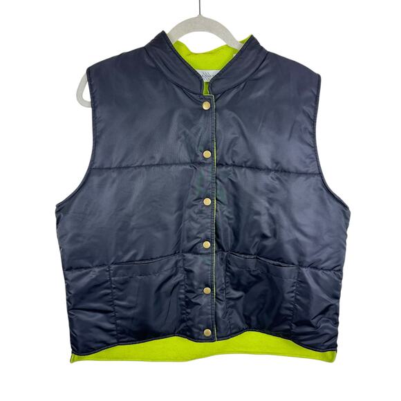 Marisa Christina Black Nylon Chartreuse Yellow Fleece Reversible Snap Up Vest XL - Picture 1 of 6